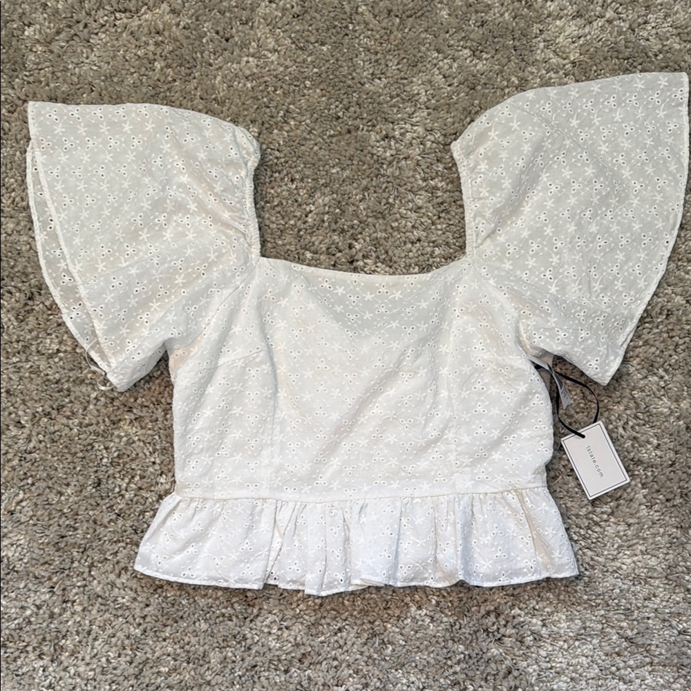 1. State White Ruffled Flutter Sleeve Crop Blouse